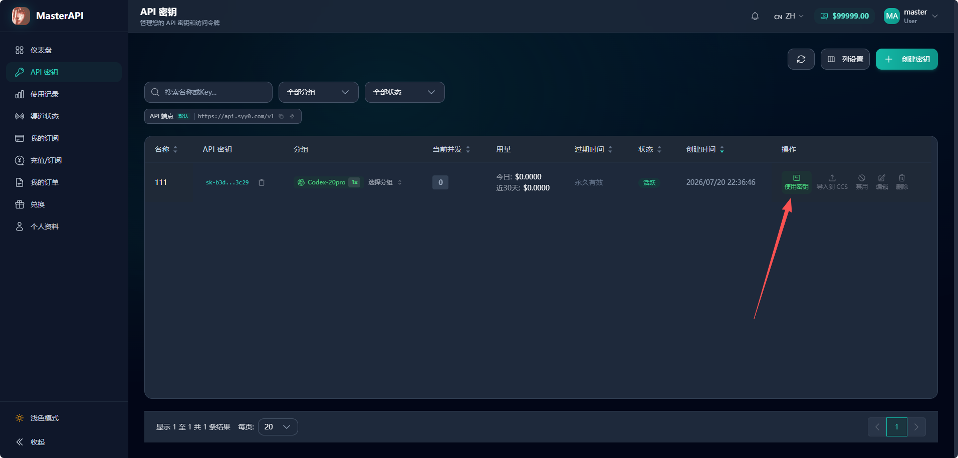 回到 MasterAPI 点击使用密钥